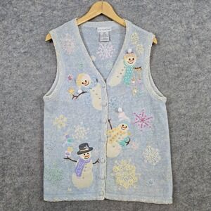 White Stag Women's Size M Snowman Aplique & Beaded Christmas Sweater Vest Blue